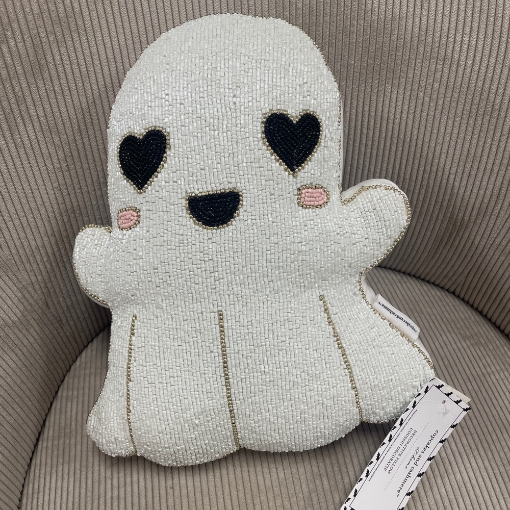 Halloween Ghost Girl Heart Eyes Beaded Pillow 👻 Cupcakes & Cashmere HTF NWT
